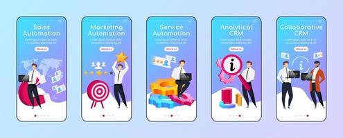 CRM types and advantages onboarding mobile app screen flat vector template. Sales automation. Walkthrough website steps with characters. UX, UI, GUI smartphone cartoon interface, case prints set