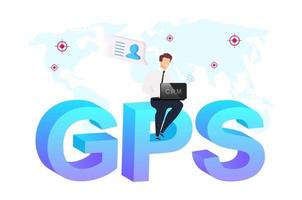 Geolocation technology flat concept vector illustration. Businessman sitting on word GPS 2D cartoon characters for web design. Geographic marketing campaigns. Location based services creative idea