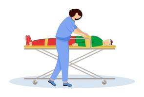 Paramedic with injured patient on stretcher flat vector illustration. Urgent care, resuscitation, reanimation. Emergency rescue worker, medic. Emt, doctor cartoon character isolated on white