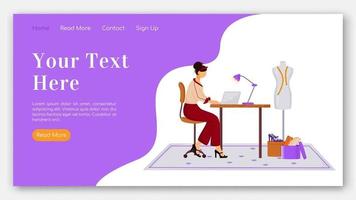 Fashion designer landing page flat color vector template. Creating clothes on laptop homepage layout. Design outfits one page website interface with cartoon illustration. Atelier banner, webpage