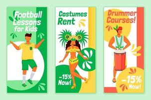 Conjunto de plantillas vectoriales planas de volantes de carnaval brasileño. Lecciones de fútbol para niños diseño de folletos imprimibles. alquiler de disfraces. cursos de baterista publicidad banner vertical web, historias de redes sociales vector