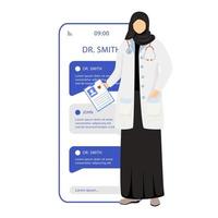 Online medical consultation smartphone vector app screen. Remote doctor appointment. Mobile phone displays with cartoon characters mockup. Chat with medical specialist. Application telephone interface