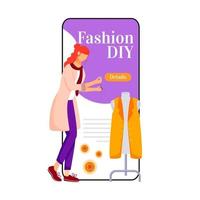 Fashion diy cartoon smartphone vector app screen. Creating and sewing clothes. Designing outfits. Mobile phone display with flat character design mockup. Fashion trends application telephone interface