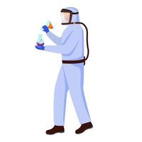 Scientist in protective suit flat vector illustration. Conducting dangerous experiment with laboratory flasks. Man works with chemicals isolated cartoon character on white background