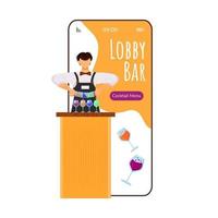 Lobby bar cartoon smartphone vector app screen. Mobile phone display with bartender flat character design mockup. Drinks ordering, restaurant service. Cocktail menu application telephone interface