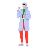 Scientist in lab coat with mask protection flat vector illustration. Studying medicine, chemistry. Conducting experiment. Woman with test tubes isolated cartoon character on white background