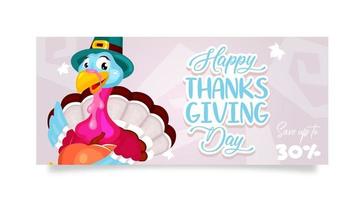 Happy Thanksgiving day flat poster vector template. Autumn holiday discount. Piligrims turkey with pumpkin isolated cartoon character. Banner, brochure, leaflet design layout with place for text