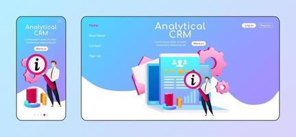 Analytical CRM adaptive landing page flat color vector template. Male with magnifying glass mobile, PC homepage layout. Info processing page website UI. Laptop, diagram webpage cross platform design