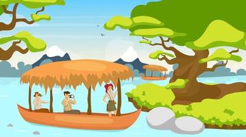 Tourist in boat flat vector illustration. Group on journey in ship. Sailing on river stream. Rainforest landscape. Mystical forest with watercourse. Female and male cartoon characters