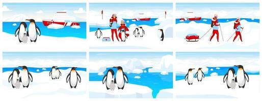 Antarctic expedition flat vector illustration. Emperor penguin colony on iceberg. North pole landscape with people and creatures. Trekking group in snow. Veterinarian and animal cartoon characters