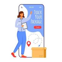 Track your package cartoon smartphone vector app screen. Delivery service online. Woman with tablet. Mobile phone displays with flat character design mockup. Application telephone cute interface