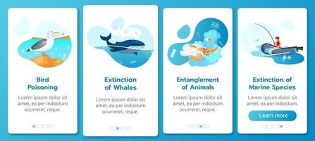 Plastic pollution in ocean onboarding mobile app screen vector template. Sea water contamination. Walkthrough website steps with flat characters. UX, UI, GUI smartphone cartoon interface concept