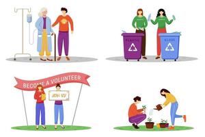 Voluntary works flat vector illustrations set. Young philanthropists, activists isolated cartoon characters. Elderly nursing, waste management, public volunteers agitation and trees planting