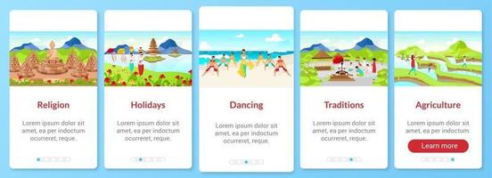 Indonesia culture onboarding mobile app screen vector template. Tourist attractions. Walkthrough website steps with flat characters. UX, UI, GUI smartphone cartoon interface concept