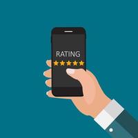 Flat Design Hand with Star Rating. Evaluation System and Positive Review Sign. Vector Illustration