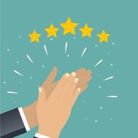 Flat Design Hand with Star Rating. Evaluation System and Positive Review Sign. Vector Illustration