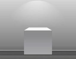 Exhibition Concept, White Empty Box, Stand with Illumination on Gray Background. Template for Your Content. 3d Vector Illustration