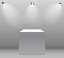 Exhibition Concept, White Empty Box, Stand with Illumination on Gray Background. Template for Your Content. 3d Vector Illustration