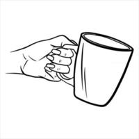 taza con té en la mano. una taza de té aromático para el desayuno. un restaurante. estilo de dibujos animados. vector