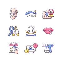 Tattoo and piercing creation RGB color icons set. Isolated vector illustrations. Salon for creating unique body look. Special instruments for professionals simple filled line drawings collection