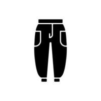 Joggers black glyph icon. Trackpants for women. Sweatpants for men. Unisex trousers. Sporty outfit. Comfortable homewear and sleepwear. Silhouette symbol on white space. Vector isolated illustration