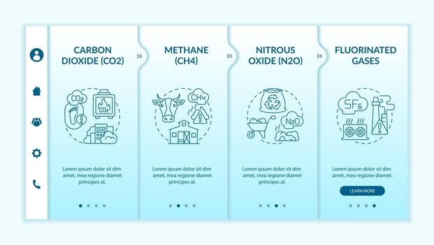 Principal greenhouse gases types onboarding vector template. Responsive mobile website with icons. Web page walkthrough 4 step screens. Methane, f-gases color concept with linear illustrations