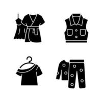 Clothes for sleeping black glyph icons set on white space. Mini gown with robe. Denim jacket. One shoulder top. Fleece pajamas. Homewear. Silhouette symbols. Vector isolated illustration