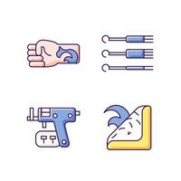 Tattoo and piercing tools RGB color icons set. Isolated vector illustrations. Needles for injecting ink into skin. Gun to make holes in skin for jewellery simple filled line drawings collection