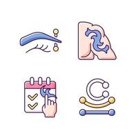 Tattoo and piercing types RGB color icons set. Isolated vector illustrations. Place on body where jewellery is injected. Metal skin accessories with gems simple filled line drawings collection