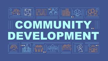 Community development word concepts banner. Social group improvement. Infographics with linear icons on navy background. Isolated creative typography. Vector outline color illustration with text