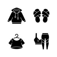 Pajamas for home black glyph icons set on white space. Hoodied shirt. Cross band slippers. Crop top. Trendy sportswear. Comfortable sleepwear. Silhouette symbols. Vector isolated illustration
