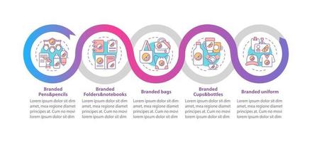 Branding materials vector infographic template. Branded pens, bags presentation outline design elements. Data visualization with 5 steps. Process timeline info chart. Workflow layout with line icons