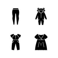 Sleepwear black glyph icons set on white space. Leggings for women. Kigurumi for children. Jumpsuit and oversized dress. Comfortable homewear. Silhouette symbols. Vector isolated illustration