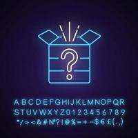 Mystery box neon light icon. Chest with question mark. Win surprise. Solving puzzles. Outer glowing effect. Sign with alphabet, numbers and symbols. Vector isolated RGB color illustration