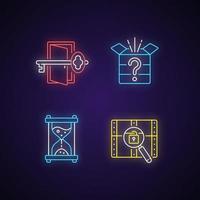 Puzzle neon light icons set. Find key to get out. Mystery box. Time countdown. Clues for riddle. Part of mystery quest. Signs with outer glowing effect. Vector isolated RGB color illustrations