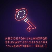 Key neon light icon. Vintage clef for opening lock. Solving puzzles. Victorian key. Outer glowing effect. Sign with alphabet, numbers and symbols. Vector isolated RGB color illustration