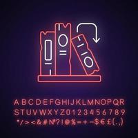 Book on shelf neon light icon. Search for information. Solving puzzles, clues for riddles. Outer glowing effect. Sign with alphabet, numbers and symbols. Vector isolated RGB color illustration