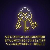 Key chain neon light icon. Steel keychain, metallic keyring. Solving puzzles, clues for riddles. Outer glowing effect. Sign with alphabet, numbers and symbols. Vector isolated RGB color illustration