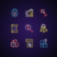 Quest neon light icons set. Search for missing piece. Keys for unlocking. Map for treasure. Part of mystery quest. Signs with outer glowing effect. Vector isolated RGB color illustrations