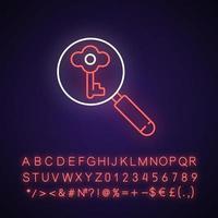 Looking for key neon light icon. Investigating to solve problem. Searching for tips. Outer glowing effect. Sign with alphabet, numbers and symbols. Vector isolated RGB color illustration