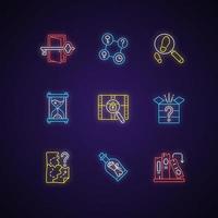 Puzzle solving neon light icons set. Investigate footprints. Message in bottle. Clues for riddles. Part of quest. Signs with outer glowing effect. Vector isolated RGB color illustrations