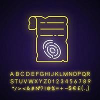 Fingerprints on piece of paper neon light icon. Criminal investigation. Vintage parchment. Outer glowing effect. Sign with alphabet, numbers and symbols. Vector isolated RGB color illustration