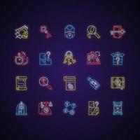 Escape room neon light icons set. Challenge for logic skills. Solving puzzles, clues for riddles. Mystery quest. Isolated vector illustrations. Solving puzzles simple filled line drawings collection