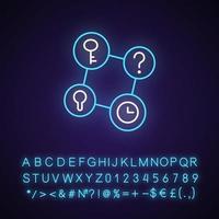 Connecting facts neon light icon. Mind game. Analyze question. Solving puzzles, clues for riddles. Outer glowing effect. Sign with alphabet, numbers and symbols. Vector isolated RGB color illustration