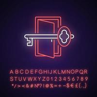 Finding key to get out neon light icon. Gain access to open door. Solve puzzle, clues for riddles. Outer glowing effect. Sign with alphabet, numbers and symbols. Vector isolated RGB color illustration