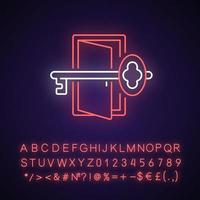 Finding key to get out neon light icon. Gain access to open door. Solve puzzle, clues for riddles. Outer glowing effect. Sign with alphabet, numbers and symbols. Vector isolated RGB color illustration