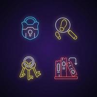 Solving mystery neon light icons set. Vintage padlock. Keys on ring for lock. Solving puzzles. Part of mystery quest. Signs with outer glowing effect. Vector isolated RGB color illustrations