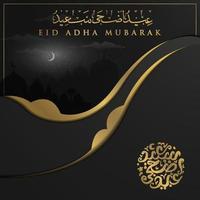 Eid adha mubarak tarjeta de felicitación diseño de vector de patrón floral islámico con caligrafía árabe, media luna