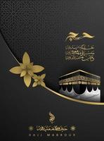 Tarjeta de felicitación hajj mabrour diseño de vector de patrón floral islámico con caligrafía árabe, kaaba y media luna