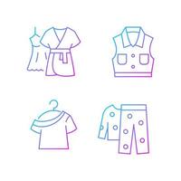 Clothes for sleeping gradient linear vector icons set. Mini gown with robe. One shoulder top. Fleece pajamas. Thin line contour symbols bundle. Isolated vector outline illustrations collection